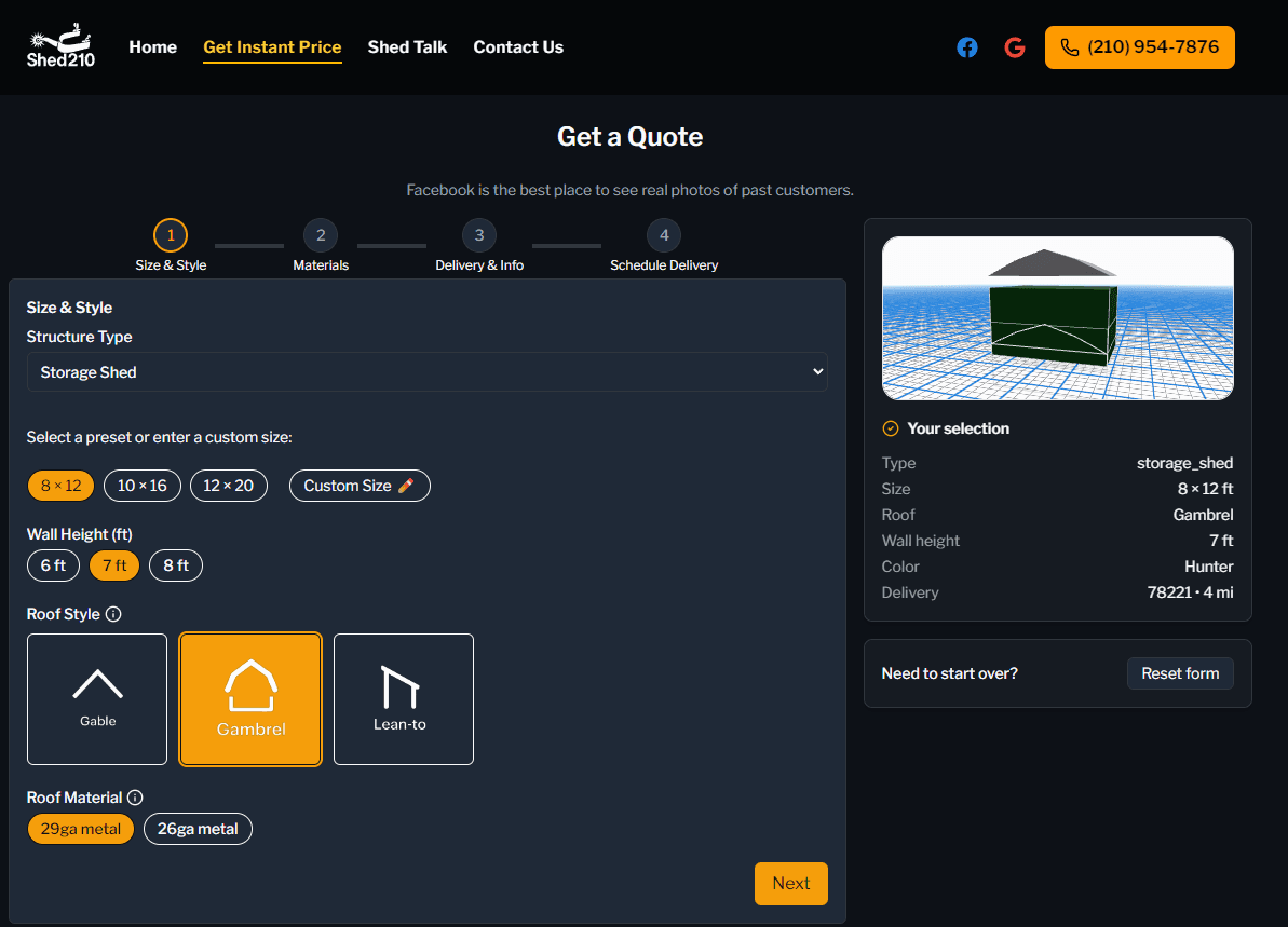 Quote Tool screenshot of Shed210